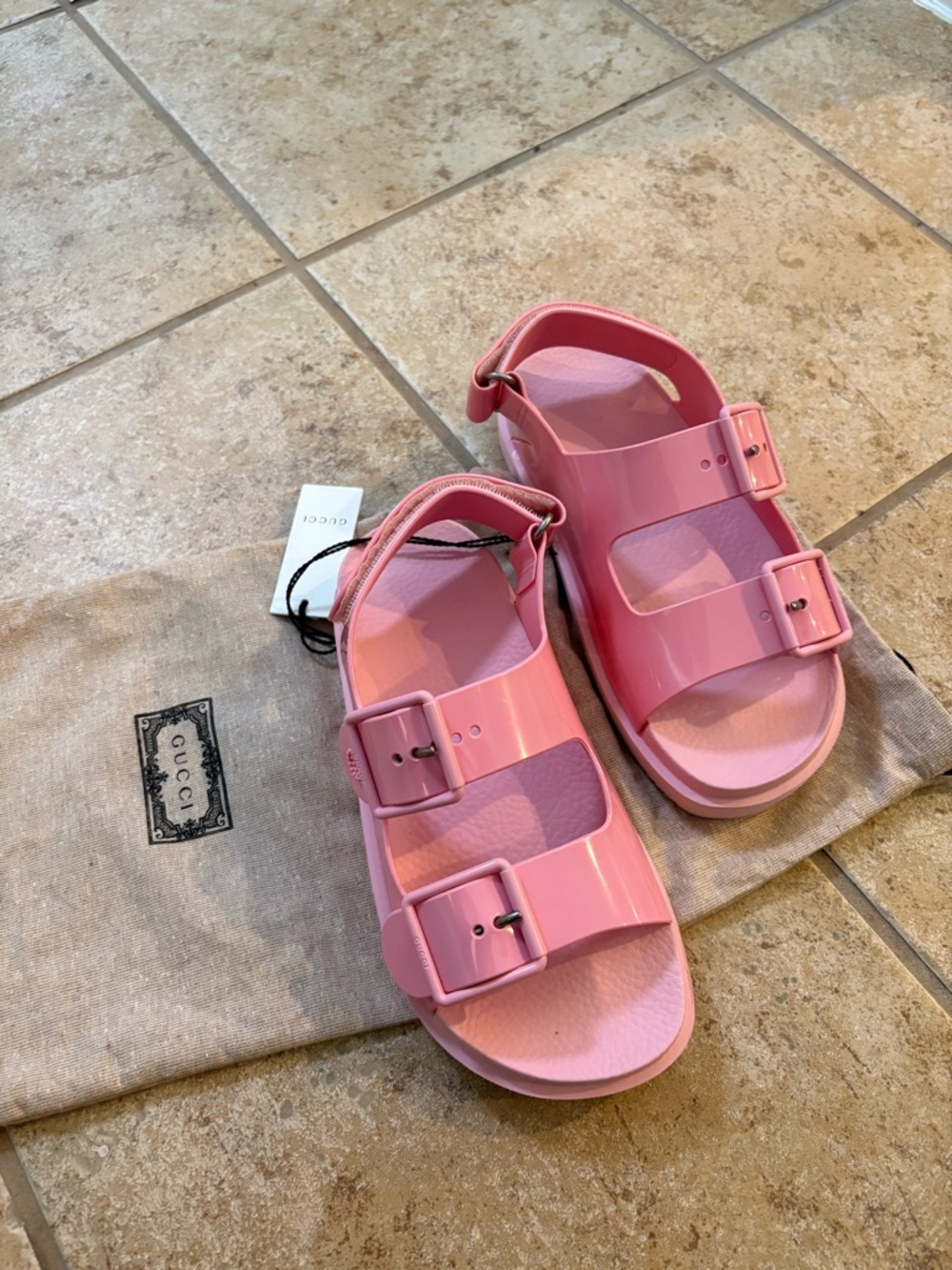 Gucci Kids Glossy Pink Double-Buckle Sandals Size:4_5